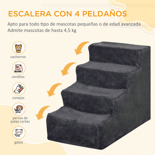 PawHut Escada para Animais de Estimação com 4 Degraus 2 em 1 com Capa Removível e Lavável Escada para Cães Gatos Carga 30kg 60x35x44 cm Cinza Escuro