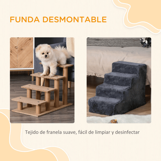 PawHut Escada para Animais de Estimação com 4 Degraus 2 em 1 com Capa Removível e Lavável Escada para Cães Gatos Carga 30kg 60x35x44 cm Cinza Escuro