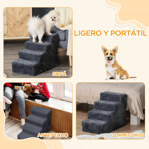 PawHut Escada para Animais de Estimação com 4 Degraus 2 em 1 com Capa Removível e Lavável Escada para Cães Gatos Carga 30kg 60x35x44 cm Cinza Escuro