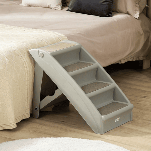 PawHut Escada Dobrável para Animais de Estimação de 4 Degraus para Cães Gatos Portátil com Tapetes Antiderrapantes para Cama Sofá Carga 20kg 62x38x49,5cm Cinza