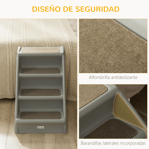 PawHut Escada Dobrável para Animais de Estimação de 4 Degraus para Cães Gatos Portátil com Tapetes Antiderrapantes para Cama Sofá Carga 20kg 62x38x49,5cm Cinza