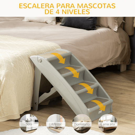 PawHut Escada Dobrável para Animais de Estimação de 4 Degraus para Cães Gatos Portátil com Tapetes Antiderrapantes para Cama Sofá Carga 20kg 62x38x49,5cm Cinza