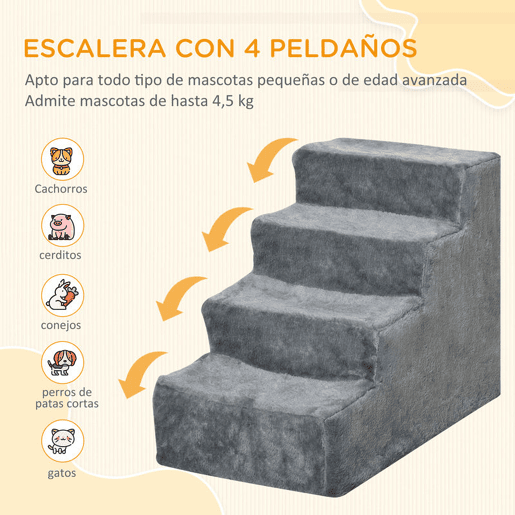 PawHut Escada para Animais de Estimação com 4 Degraus 2 em 1 com Capa Removível e Lavável Escada para Cães Gatos Carga 30kg 60x35x44cm Cinza