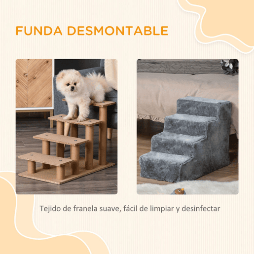PawHut Escada para Animais de Estimação com 4 Degraus 2 em 1 com Capa Removível e Lavável Escada para Cães Gatos Carga 30kg 60x35x44cm Cinza