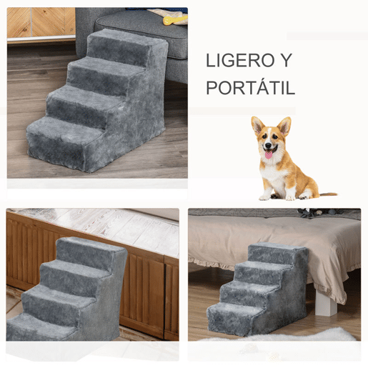 PawHut Escada para Animais de Estimação com 4 Degraus 2 em 1 com Capa Removível e Lavável Escada para Cães Gatos Carga 30kg 60x35x44cm Cinza