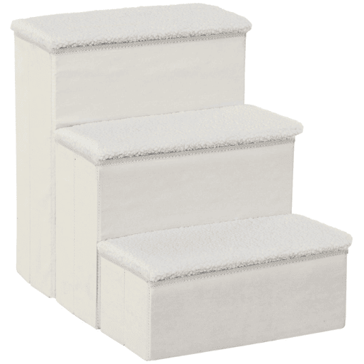 PawHut Escada para Animais de Estimação com 3 Degraus Dobráveis, Tampas Rebatíveis e Espaço de Arrumação, Para Cães e Gatos Pequenos, Velo Berbere, Para Cama ou Sofá, 40x54x48 cm, Branco