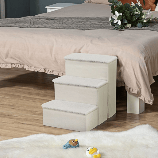 PawHut Escada para Animais de Estimação com 3 Degraus Dobráveis, Tampas Rebatíveis e Espaço de Arrumação, Para Cães e Gatos Pequenos, Velo Berbere, Para Cama ou Sofá, 40x54x48 cm, Branco