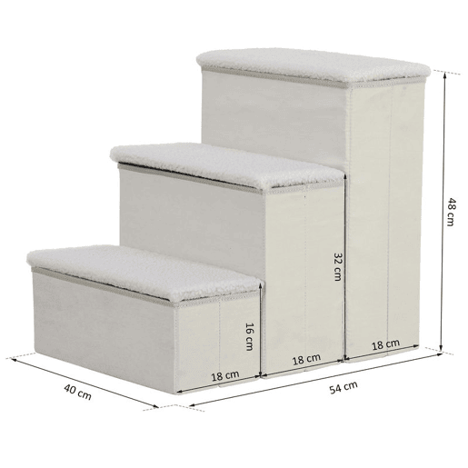 PawHut Escada para Animais de Estimação com 3 Degraus Dobráveis, Tampas Rebatíveis e Espaço de Arrumação, Para Cães e Gatos Pequenos, Velo Berbere, Para Cama ou Sofá, 40x54x48 cm, Branco