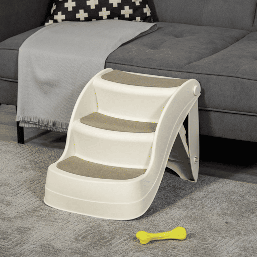 PawHut Escada para Cães de 3 Degraus Dobrável Escada de Plástico para Animais de Estimação com Tapetes Antiderrapantes para Cama Sofá Carga 15kg 49x38x38cm Creme