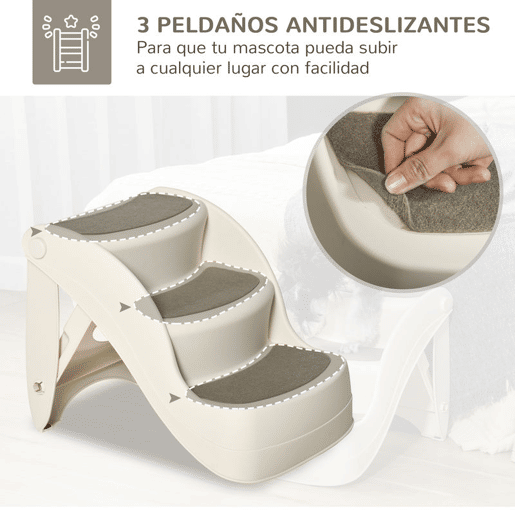 PawHut Escada para Cães de 3 Degraus Dobrável Escada de Plástico para Animais de Estimação com Tapetes Antiderrapantes para Cama Sofá Carga 15kg 49x38x38cm Creme