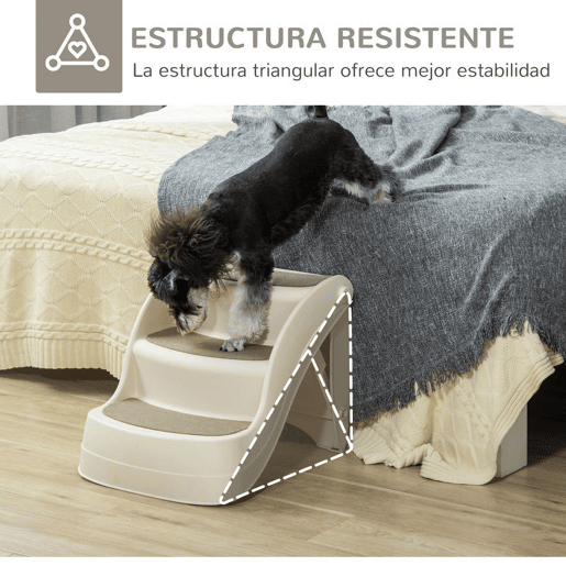 PawHut Escada para Cães de 3 Degraus Dobrável Escada de Plástico para Animais de Estimação com Tapetes Antiderrapantes para Cama Sofá Carga 15kg 49x38x38cm Creme
