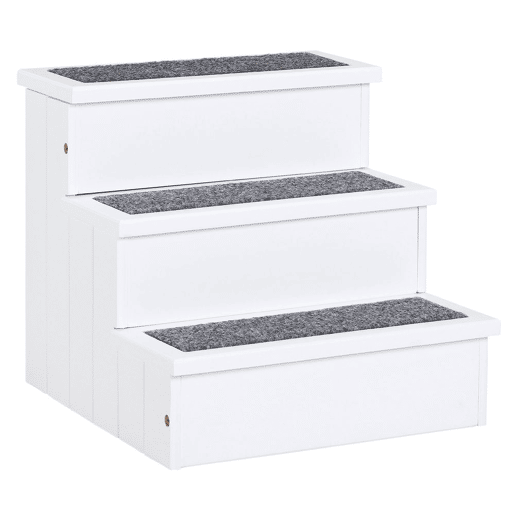 PawHut Escada para Animais de Estimação de 3 Degraus com Armazenamento e Tapete Antiderrapante Portátil Carga Máxima 30kg 40,5x44,5x38 cm Branco