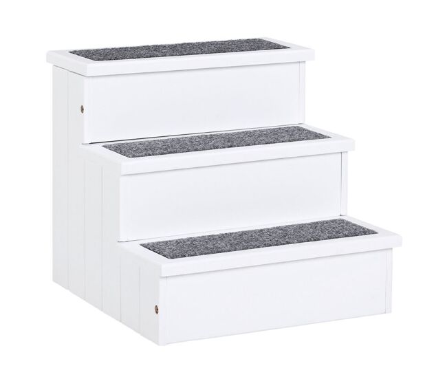 Pawhut escalera para mascotas 3 peldaños con espacio de almacenaje y alfombra antideslizantes portátil madera para vehículo carga 30 kg 40,5x44,5x38