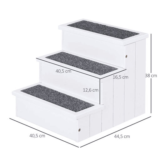 PawHut Escada para Animais de Estimação de 3 Degraus com Armazenamento e Tapete Antiderrapante Portátil Carga Máxima 30kg 40,5x44,5x38 cm Branco