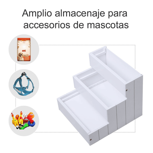 PawHut Escada para Animais de Estimação de 3 Degraus com Armazenamento e Tapete Antiderrapante Portátil Carga Máxima 30kg 40,5x44,5x38 cm Branco