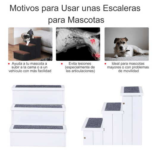 PawHut Escada para Animais de Estimação de 3 Degraus com Armazenamento e Tapete Antiderrapante Portátil Carga Máxima 30kg 40,5x44,5x38 cm Branco