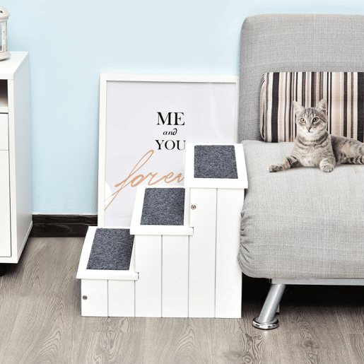 PawHut Escada para Animais de Estimação de 3 Degraus com Armazenamento e Tapete Antiderrapante Portátil Carga Máxima 30kg 40,5x44,5x38 cm Branco