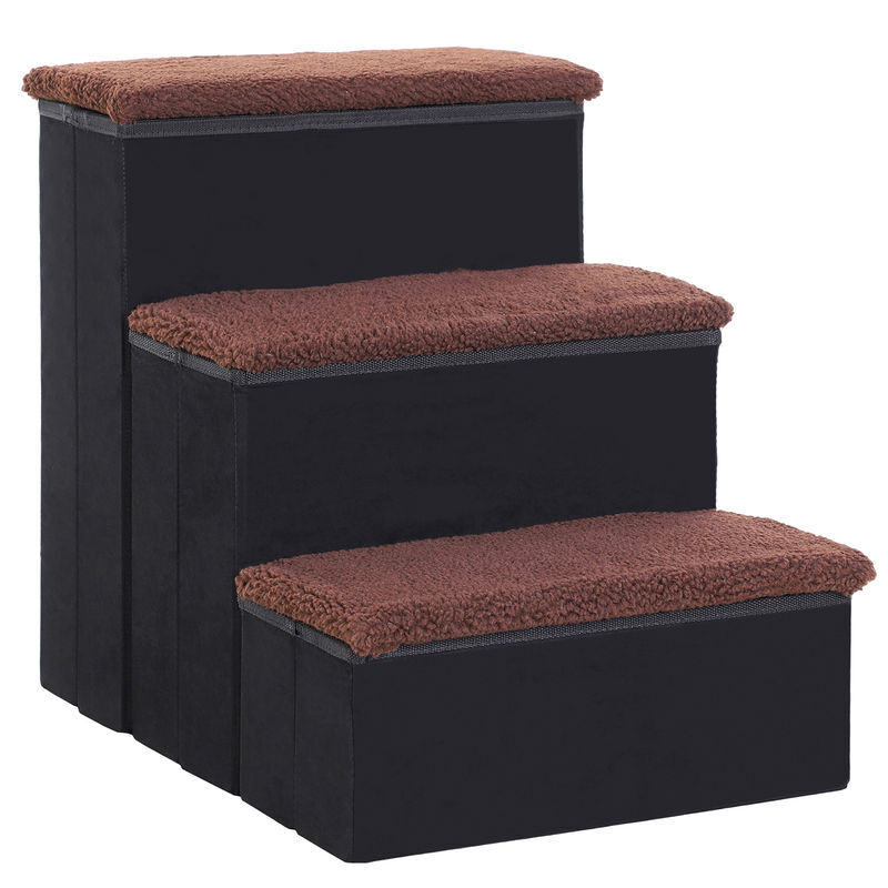 Pawhut escalera para mascotas de 3 peldaños plegable con tapas abatibles y espacio de almacenamiento 3 escalones de perros gatos pequeños de vellón bereber para cama sofá 40x54x48 cm negro