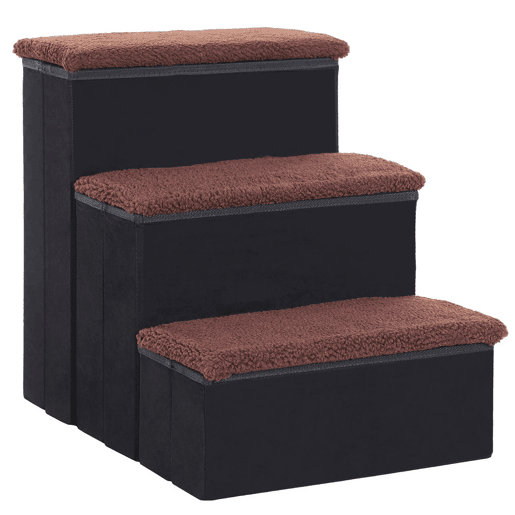 PawHut Escada para Animais de Estimação com 3 Degraus Dobráveis, Tampa Rebatível e Espaço de Arrumação u2013 Escadote para Cães e Gatos Pequenos em Lã Berbere para Cama ou Sofá, 40x54x48 cm, Preto