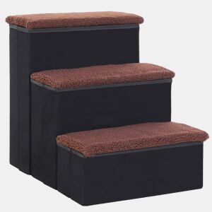 PawHut Escada para Animais de Estimação com 3 Degraus Dobráveis, Tampa Rebatível e Espaço de Arrumação u2013 Escadote para Cães e Gatos Pequenos em Lã Berbere para Cama ou Sofá, 40x54x48 cm, Preto