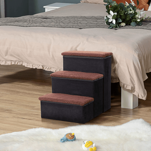 PawHut Escada para Animais de Estimação com 3 Degraus Dobráveis, Tampa Rebatível e Espaço de Arrumação u2013 Escadote para Cães e Gatos Pequenos em Lã Berbere para Cama ou Sofá, 40x54x48 cm, Preto