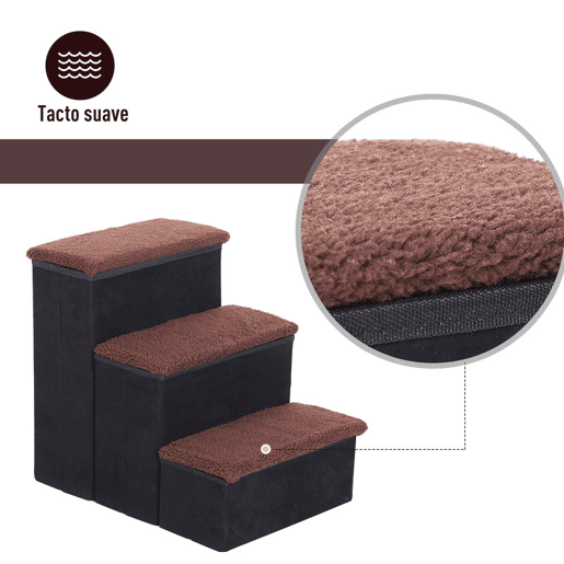 PawHut Escada para Animais de Estimação com 3 Degraus Dobráveis, Tampa Rebatível e Espaço de Arrumação u2013 Escadote para Cães e Gatos Pequenos em Lã Berbere para Cama ou Sofá, 40x54x48 cm, Preto
