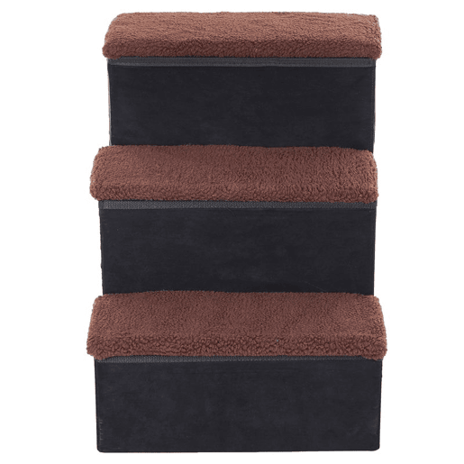 PawHut Escada para Animais de Estimação com 3 Degraus Dobráveis, Tampa Rebatível e Espaço de Arrumação u2013 Escadote para Cães e Gatos Pequenos em Lã Berbere para Cama ou Sofá, 40x54x48 cm, Preto