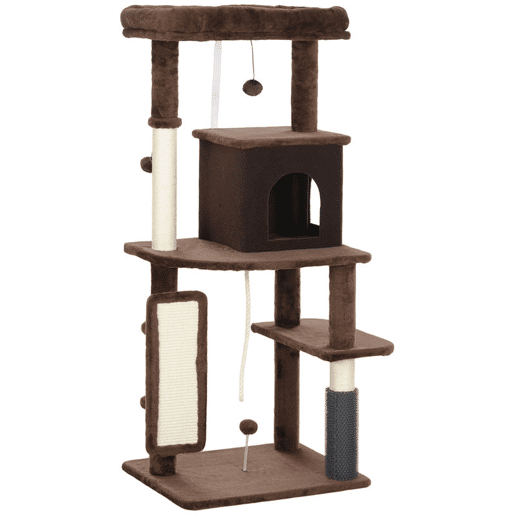 PawHut Arranhador para Gatos Grande Altura 132 cm Arranhador para Gatos com Plataformas Postes com Escova Bolas Suspensas e Almofadas para Arranhar Marrom