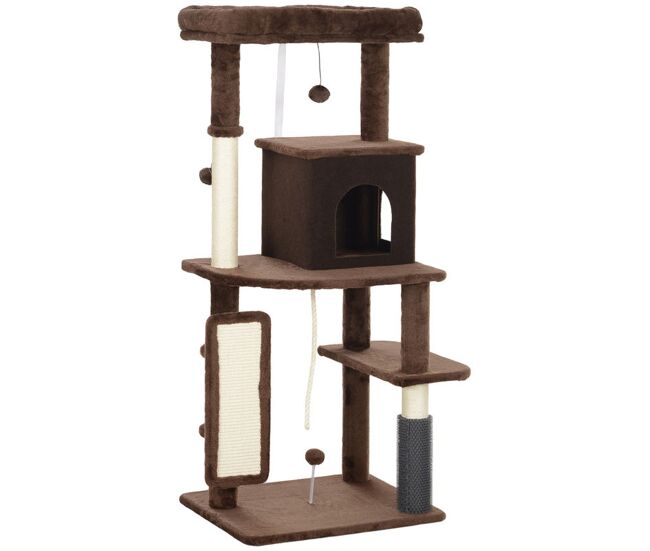 Pawhut árbol rascador para gatos altura 132 cm árbol para gatos torre para gatos con plataformas poste con cepillo bolas colgantes y almohadilla para rascar marrón