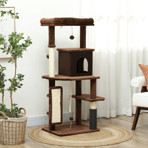 PawHut Arranhador para Gatos Grande Altura 132 cm Arranhador para Gatos com Plataformas Postes com Escova Bolas Suspensas e Almofadas para Arranhar Marrom