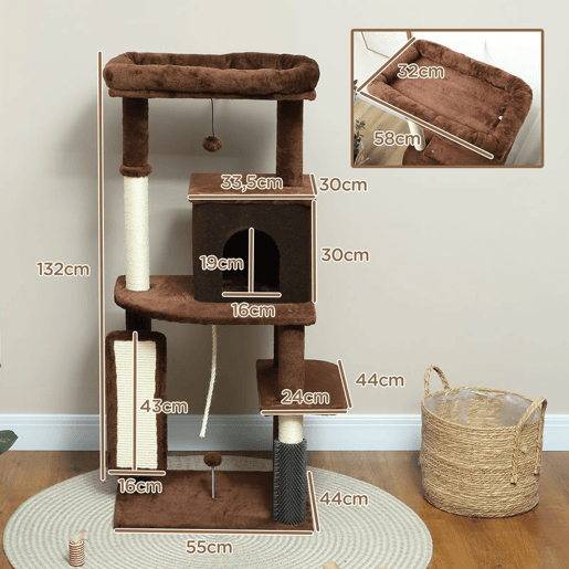 PawHut Arranhador para Gatos Grande Altura 132 cm Arranhador para Gatos com Plataformas Postes com Escova Bolas Suspensas e Almofadas para Arranhar Marrom