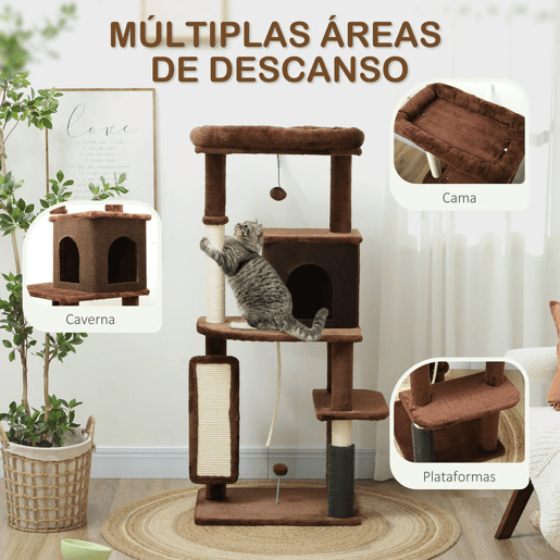 PawHut Arranhador para Gatos Grande Altura 132 cm Arranhador para Gatos com Plataformas Postes com Escova Bolas Suspensas e Almofadas para Arranhar Marrom