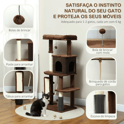 PawHut Arranhador para Gatos Grande Altura 132 cm Arranhador para Gatos com Plataformas Postes com Escova Bolas Suspensas e Almofadas para Arranhar Marrom
