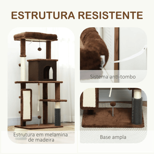 PawHut Arranhador para Gatos Grande Altura 132 cm Arranhador para Gatos com Plataformas Postes com Escova Bolas Suspensas e Almofadas para Arranhar Marrom