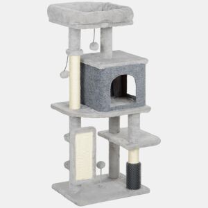 PawHut Arranhador para Gatos Grande Altura 104 cm Arranhador para Gatos com Plataformas Postes com Escova Bolas Suspensas e Almofadas para Arranhar Cinza