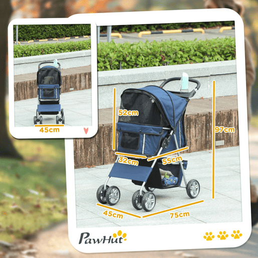 PawHut Carrinho para Cães Dobrável, Cochecito para Cães Pequenos com Cesta de Armazenamento, Janelas de Rede, Suporte para Copos, Rodas EVA, Almofada Lavável, Travões, Carga 10 kg, 75x45x97 cm, Azul Escuro