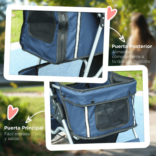 PawHut Carrinho para Cães Dobrável, Cochecito para Cães Pequenos com Cesta de Armazenamento, Janelas de Rede, Suporte para Copos, Rodas EVA, Almofada Lavável, Travões, Carga 10 kg, 75x45x97 cm, Azul Escuro