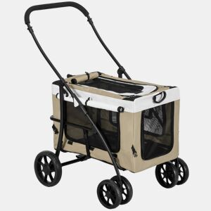 PawHut Carrinho para Animais de Estimação Carrinho para Cães Dobrável com Compartimento Desmontável 4 Portas com Fecho de Correr 2 Correias de Segurança e de Transporte 81x58x97,5 cm Cáqui