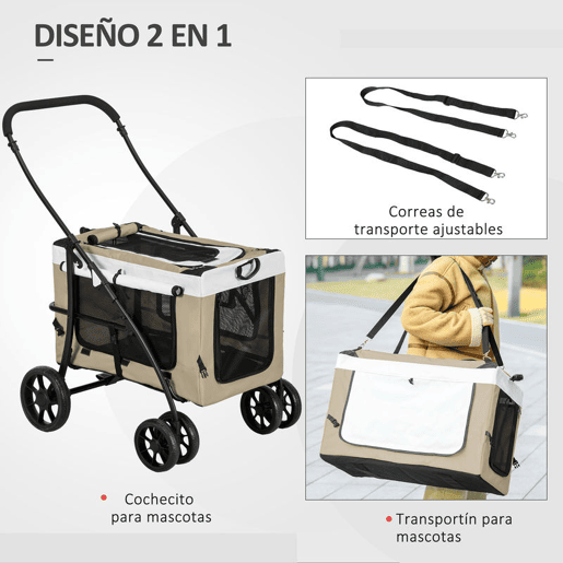 PawHut Carrinho para Animais de Estimação Carrinho para Cães Dobrável com Compartimento Desmontável 4 Portas com Fecho de Correr 2 Correias de Segurança e de Transporte 81x58x97,5 cm Cáqui