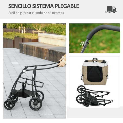 PawHut Carrinho para Animais de Estimação Carrinho para Cães Dobrável com Compartimento Desmontável 4 Portas com Fecho de Correr 2 Correias de Segurança e de Transporte 81x58x97,5 cm Cáqui
