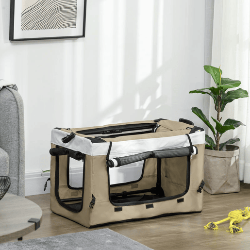PawHut Carrinho para Animais de Estimação Carrinho para Cães Dobrável com Compartimento Desmontável 4 Portas com Fecho de Correr 2 Correias de Segurança e de Transporte 81x58x97,5 cm Cáqui