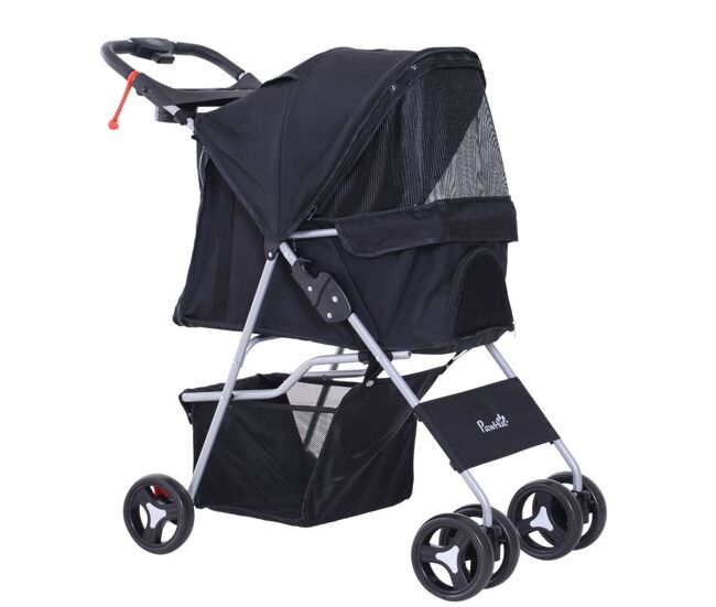 Pawhut carrito para perros plegable cochecito para mascotas carrito para perros pequeños con toldo ajustable cesta de almacenaje 2 ruedas universales carga 15 kg 77x45x99,5 cm negro