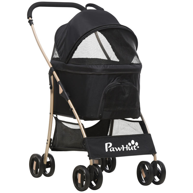 Pawhut carrito para perros plegable 3 en 1 cochecito para mascotas carrito para perros pequeños con vagón desmontable cesta de almacenaje correas de seguridad y cojín carga 15 kg negro