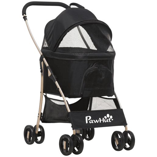 PawHut Carrinho para Animais de Estimação 3 em 1 Carrinho para Cães e Gatos Dobrável com Bolsa de Transporte Cesta de Armazenamento e Travão Tecido de Oxford 600D Carga Máxima 15kg 82x49,5x98cm Preto