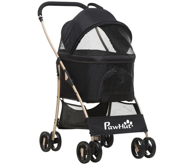 Pawhut carrito para perros plegable 3 en 1 cochecito para mascotas carrito para perros pequeños con vagón desmontable cesta de almacenaje correas de seguridad y cojín carga 15 kg negro