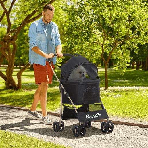 PawHut Carrinho para Animais de Estimação 3 em 1 Carrinho para Cães e Gatos Dobrável com Bolsa de Transporte Cesta de Armazenamento e Travão Tecido de Oxford 600D Carga Máxima 15kg 82x49,5x98cm Preto