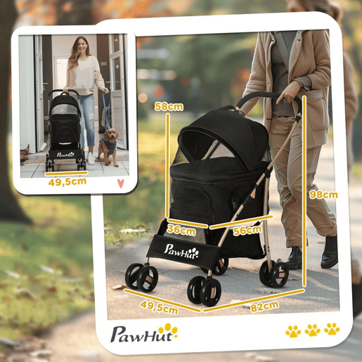 PawHut Carrinho para Animais de Estimação 3 em 1 Carrinho para Cães e Gatos Dobrável com Bolsa de Transporte Cesta de Armazenamento e Travão Tecido de Oxford 600D Carga Máxima 15kg 82x49,5x98cm Preto
