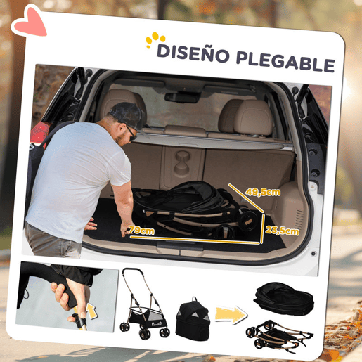 PawHut Carrinho para Animais de Estimação 3 em 1 Carrinho para Cães e Gatos Dobrável com Bolsa de Transporte Cesta de Armazenamento e Travão Tecido de Oxford 600D Carga Máxima 15kg 82x49,5x98cm Preto
