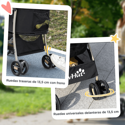 PawHut Carrinho para Animais de Estimação 3 em 1 Carrinho para Cães e Gatos Dobrável com Bolsa de Transporte Cesta de Armazenamento e Travão Tecido de Oxford 600D Carga Máxima 15kg 82x49,5x98cm Preto