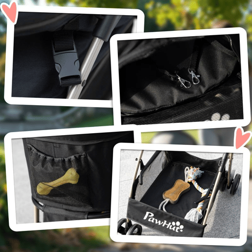 PawHut Carrinho para Animais de Estimação 3 em 1 Carrinho para Cães e Gatos Dobrável com Bolsa de Transporte Cesta de Armazenamento e Travão Tecido de Oxford 600D Carga Máxima 15kg 82x49,5x98cm Preto